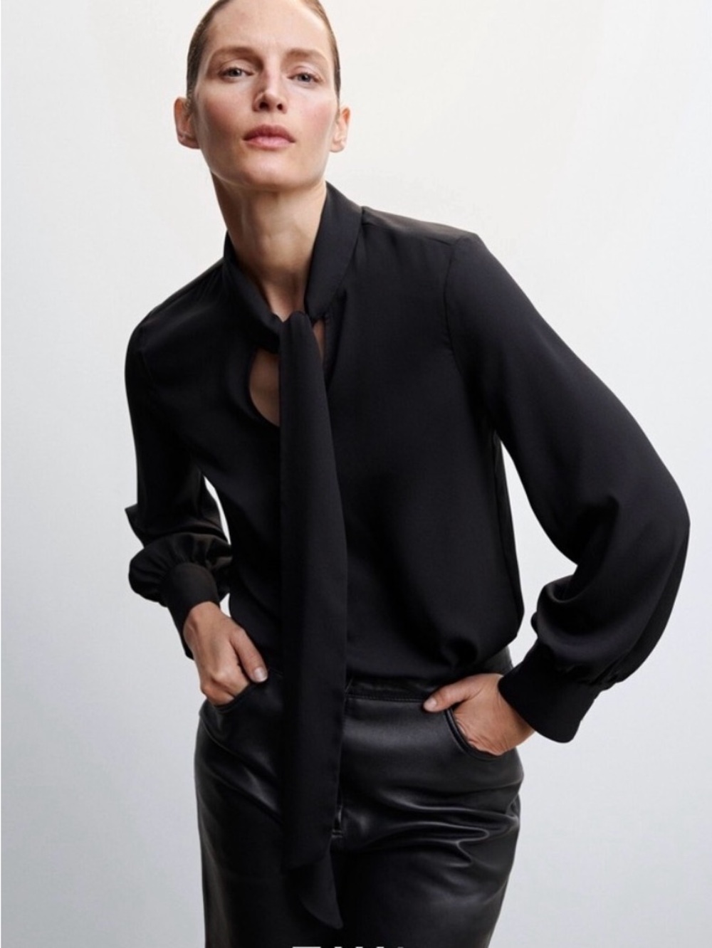 Mango Tie-Neck Black Blouse - Women's Long-Sleeve Blouse